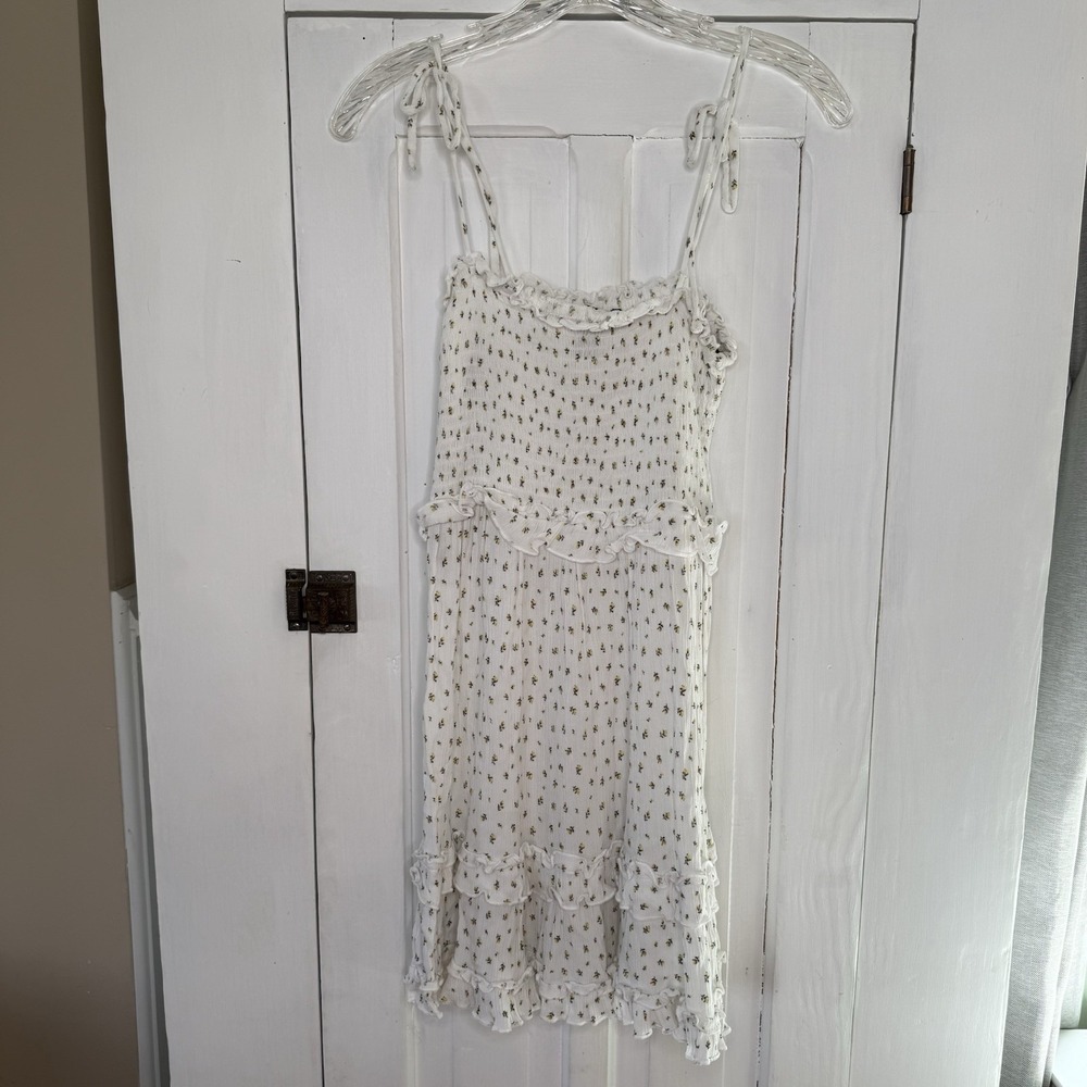 FOREVER 21 Size Small Floral Cottage-Core Mini Dress White Yellow Ruffled Hem